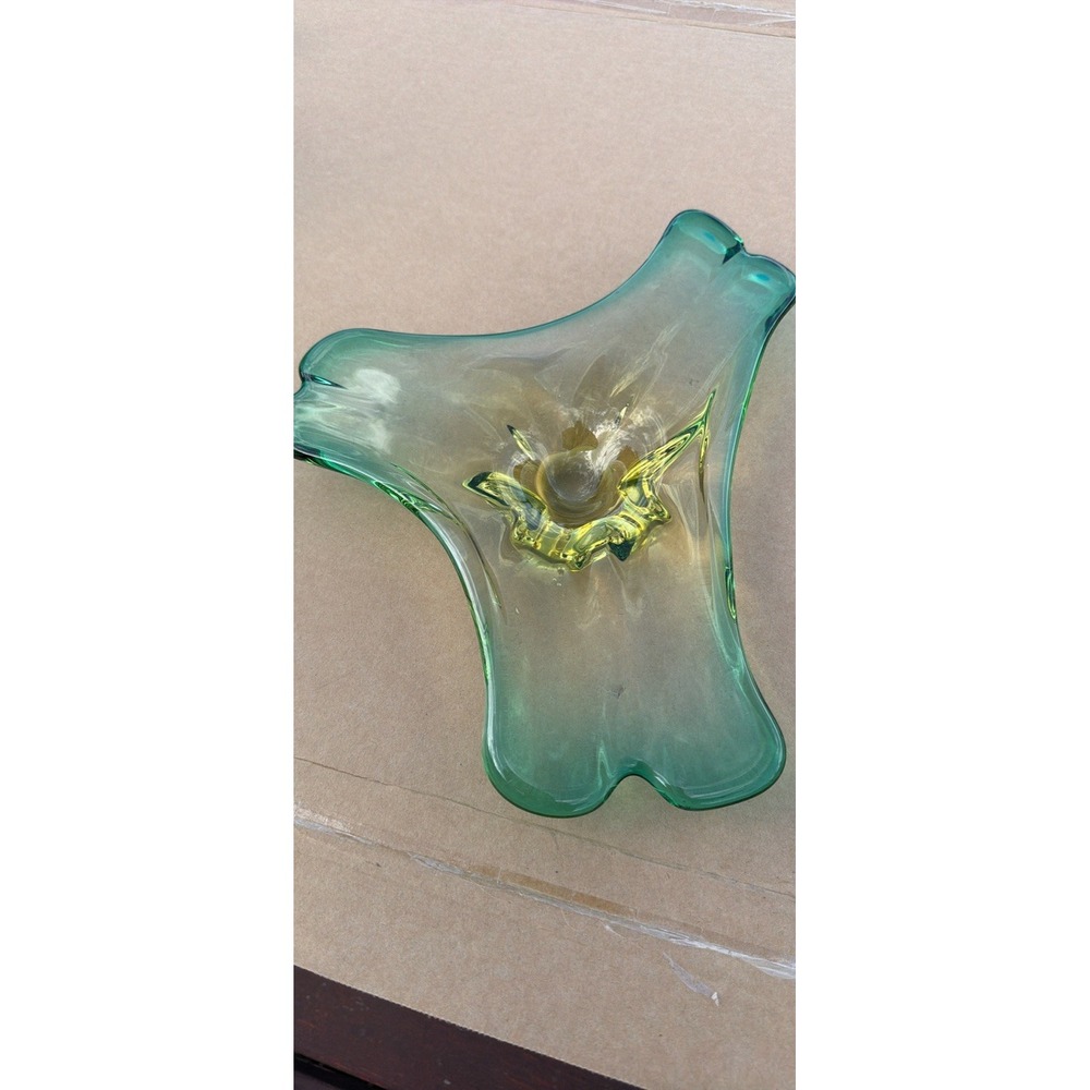 Green Yellow Swirl Art Glass Decorative Abstract Bowl Centerpiece - Picture 2 of 4